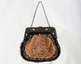 Victorian Inspired 1930s Purse - Peach Gray Black Floral Needlepoint Bag - Cutwork Metal & Stone Cabochons - Antique Look 20s 30s Handbag