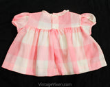 Vintage Baby's Dress - 1950s 60s Pink Roses & Gingham Darling Summer Frock - Size 3 to 6 Months Infant Girl Puff Sleeve Dress - Picnic Check