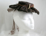 1940s Tilt Hat - Doll Hat - Seaside - Raffia - Pearls - Net - Brown - Rustic - Summer - NWT - Deadstock 41363