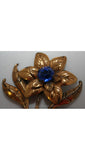Elegant 1940s Gold Metal on Sterling Flower Pin with Sapphire Glass - Brooch - Winter - Goldtone Metal - 1940s Elegance - 28145-1