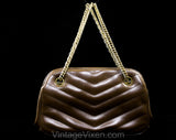 Chic 1960s Brown Purse - Chevron Vinyl Shoulder Bag with Chain Strap & Mod Grommets - Fall Autumn 60s Handbag - Daytime Go Go Girl Chic