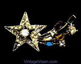 Shooting Star Brooch - 1950s Starburst Comet Pin with Rhinestones - Silvertone Metal Elegant 50s 60s Accent - Red Yellow Green Blue Clear
