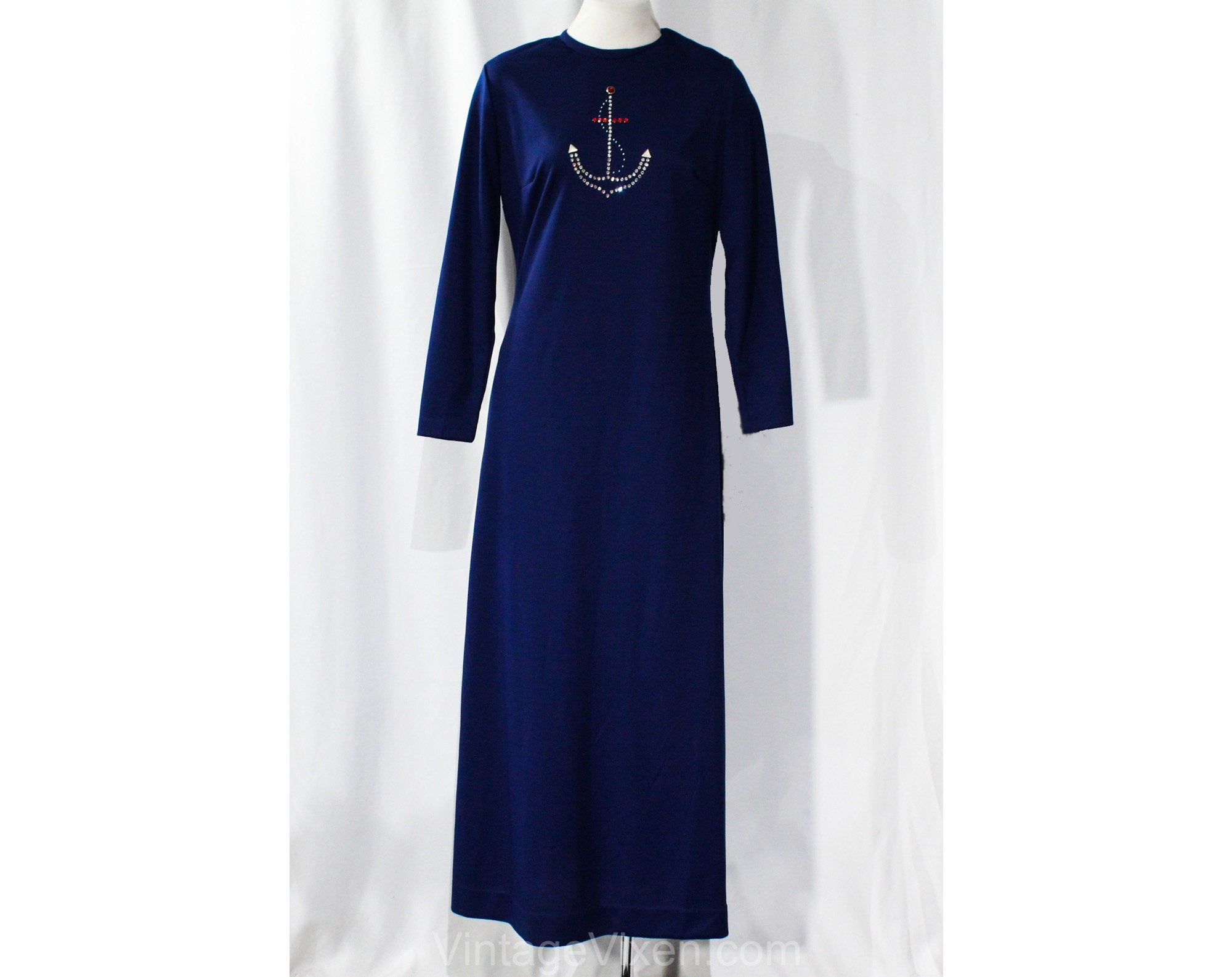 Size 10 Maxi Dress - 1970s Nautical Style Navy Blue Long Sleeved Sheat Vintage Vixen Clothing Size 10 Maxi Dress - 1970s Nautical Style Navy Blue Long Sleeved Sheat Vintage Vixen Clothing