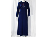 Size 10 Maxi Dress - 1970s Nautical Style Navy Blue Long Sleeved Sheath - 70s Sailor Anchor Rhinestones & Studs - Red White Blue - Bust 37