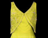 Size 6 Yellow Cocktail Dress - 1950s 60s Silk Fitted Sheath with Fishnet, Beadwork & Rhinestones - Gorgeous 50s Marilyn Hourglass - Waist 26