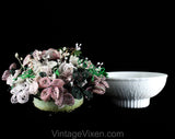1950s French Beaded Flowers in White Milk Glass Bowl - Hand Beadwork Floral Arrangement - Spring Lavender Lilac Light Purple Green & White