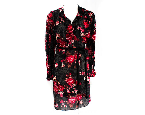 Size 12 Gypsy Roses Print Blouse - 1970s Romantic Rouge Red Black Floral Tunic Shirt - Medium Large Long Sleeve 70s Top & Belt - Bust 48