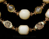 Ecru & Filigree Necklace - 60s Cage Style Beads - Misty Clear Beads - All Season Neutral Classic - Double Two Strand - 1960s Secretary Chic