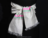 Exquisite Thai Silk Shawl - Luminous White Pink & Mint Green Handwoven Wrap - 1950s 1960s Rectangular Scarf with Fringe - Spring Summer Sash