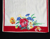 1940s Poppy Flowers Dish Towel - 40s 50s Rich Floral Print Kitchen Linens - Beautiful Red White Pink Yellow Blue Border Print - Thick Cotton