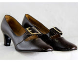 Size 8 Narrow Shoes - Unworn Classic Dark Brown Faux Reptile Leather Pumps - 60s Ruddy Reptilian Two-Tone - Buckles - 1960s Deadstock Shoe