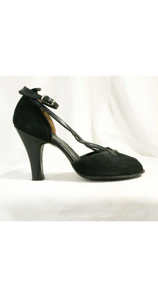 Size 5.5 Pin Up Style 1940s Shoes - Black Suede & Leather Heels - 40s Peep Toe Shoe - Elegant - Strappy - Unworn - Size 5 1/2 M - 40035-8