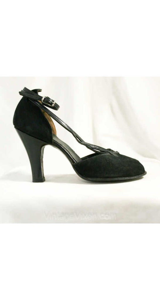 Size 5.5 Pin Up Style 1940s Shoes - Black Suede & Leather Heels - 40s Peep Toe Shoe - Elegant - Strappy - Unworn - Size 5 1/2 - 40035-3