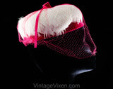 1960s Fuchsia Pink Hat with Veil - White Feathers & Vivid Bright Velvet - 60s Femme Millinery - Spring Summer Confection Style with Veiling