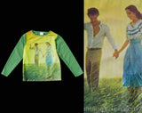 Size 10 Child's Hippie Shirt - Young Couple In Love Meadow 1960s 70s Top - Long Sleeved Mint Green Knit Casual - 1970s Girl's - Chest 29