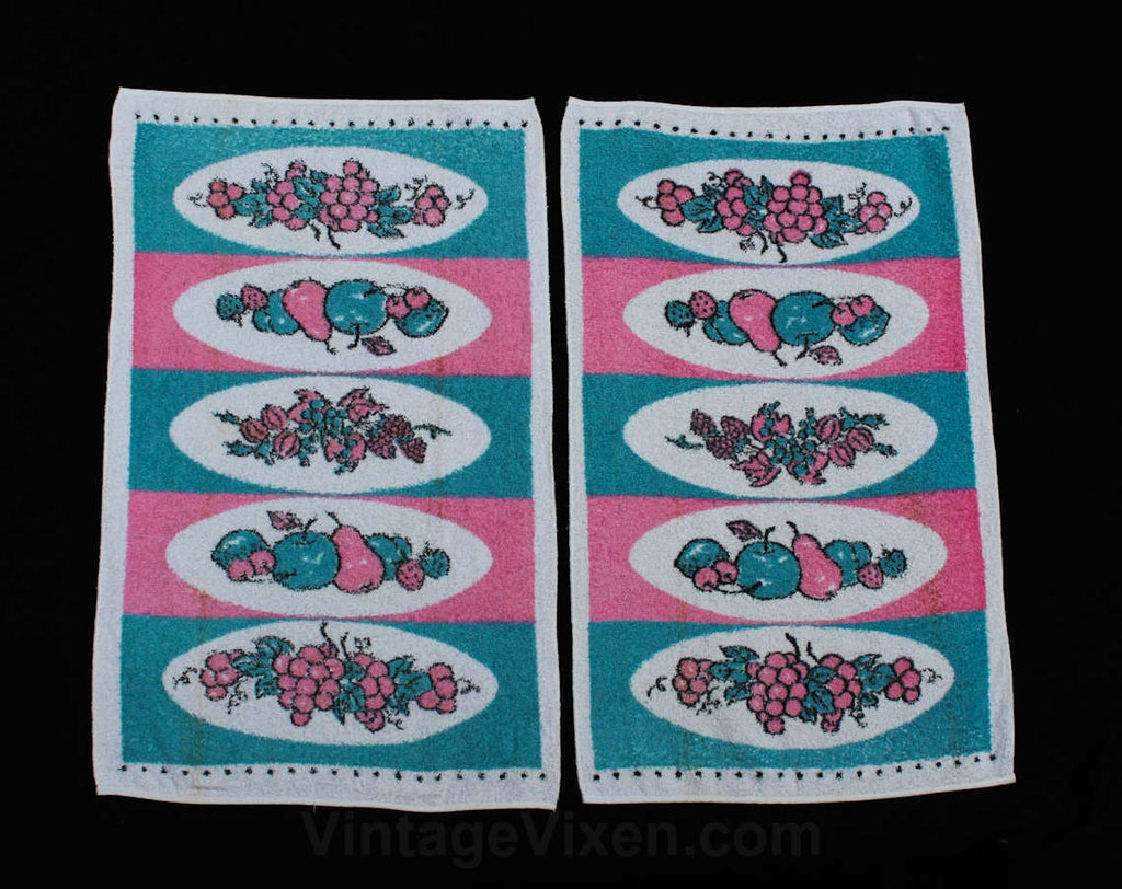 1950s Kitchen Towels - Set of TWO - Kitsch Fruits Still Life Graphic - Mid Century Pink & Turquoise Blue 50s 60s Terrycloth - Pair 2 Pcs