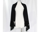 1950s Black Knit Shawl with Yarn Tassels - Any Size 50s Classic Winter Wrap - Large Warm Glamorous Rectangle Scarf - 53 x 22 Inches