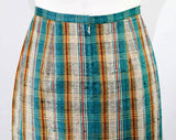 Size 12 Silk Skirt - 1990s Teal Blue Red Mustard Stripe - Beautiful Boutique Style 80s 90s Office Skirt - Oatmeal & Black - Waist 30 - 48531
