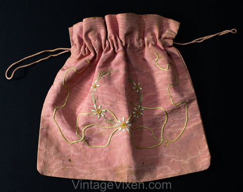 1900s Arts & Crafts Pink Moire Purse - Authentic Antique Drawstring Bag - Hand Embroidered Laurel Wreath - Regency Style 1900s Does 1800s