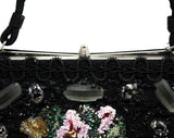 1950s Bead Collage Handbag - Needlepoint Flowers Kitsch 50s 60s Purse - Collectable Black Taffeta Bag with Marbled Glitter Cabochons