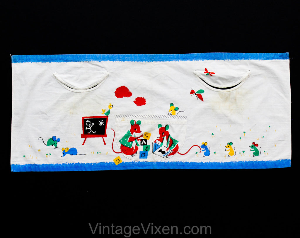 Child's 1950s Novelty Print Apron - Adorable Cat & Mouse Print 50s Smock Painting Top with Bug Insects - Red Blue Green Yellow - Size 4 to 6