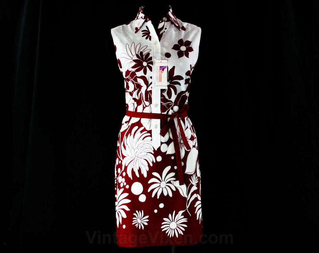 Size 8 Daisy Print 60s Dress - Mod 1960s Floral Cotton Sheath - Burgundy & White Sleeveless Summer Preppie Shirtdress - NWT NOS Deadstock