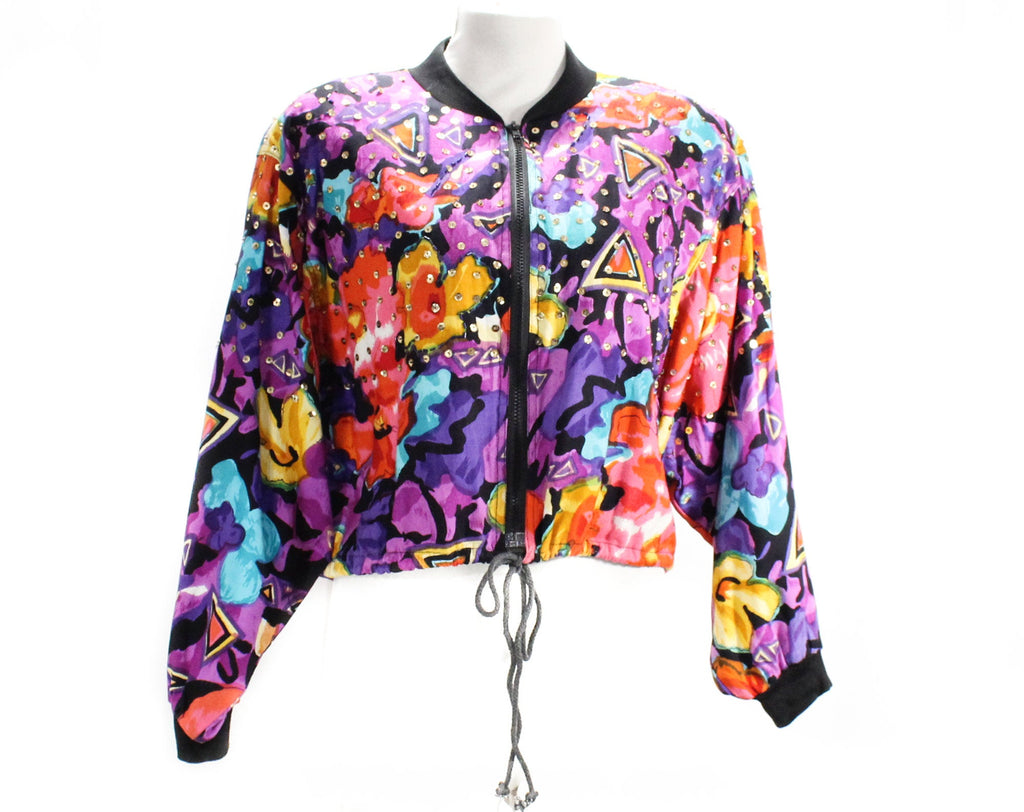 1990s Colorful Club Jacket - Size 14 Bright Floral Zip Front Street Jacket - Red Pink Blue Purple Black Splashy Sequined Rayon - Bust 42