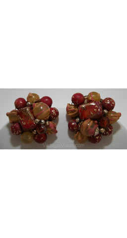 Rouge & Lemon Cluster Beaded Clip Earrings - Fall - Autumn - Glitter - Red Yellow - Glass Beads - Wood - Artisan Chic - 1950s - 28160-1