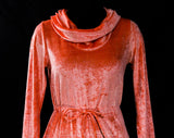 Small Medium Orange 1970s Dress - Late 70s Disco Shimmer Maxi Sheath with Cowl Neck & Long Sleeves - Size 6 to 10 Shiny Velvety Velour Knit