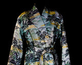 Size 8 1940s Asian Robe - As Is Faded 40s Rayon Brocade Robe - WWII Era Pagodas Bonsai Trees Far East Scenes - Tassel Belt - Waist to 32