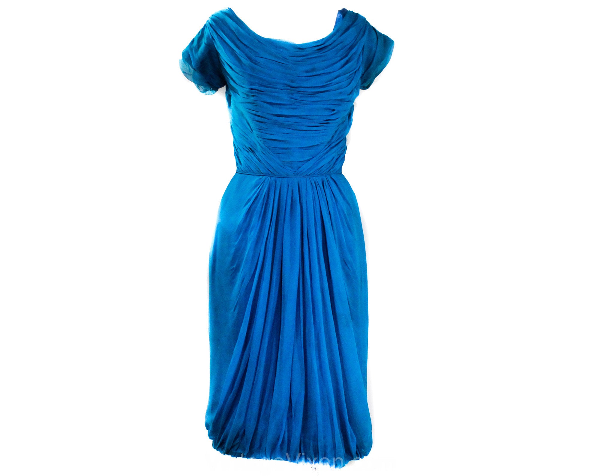 Size 12 1950s Cocktail Dress - Cobalt Blue Chiffon with Goddess Style Vintage Vixen Clothing Size 12 1950s Cocktail Dress - Cobalt Blue Chiffon with Goddess Style Vintage Vixen Clothing