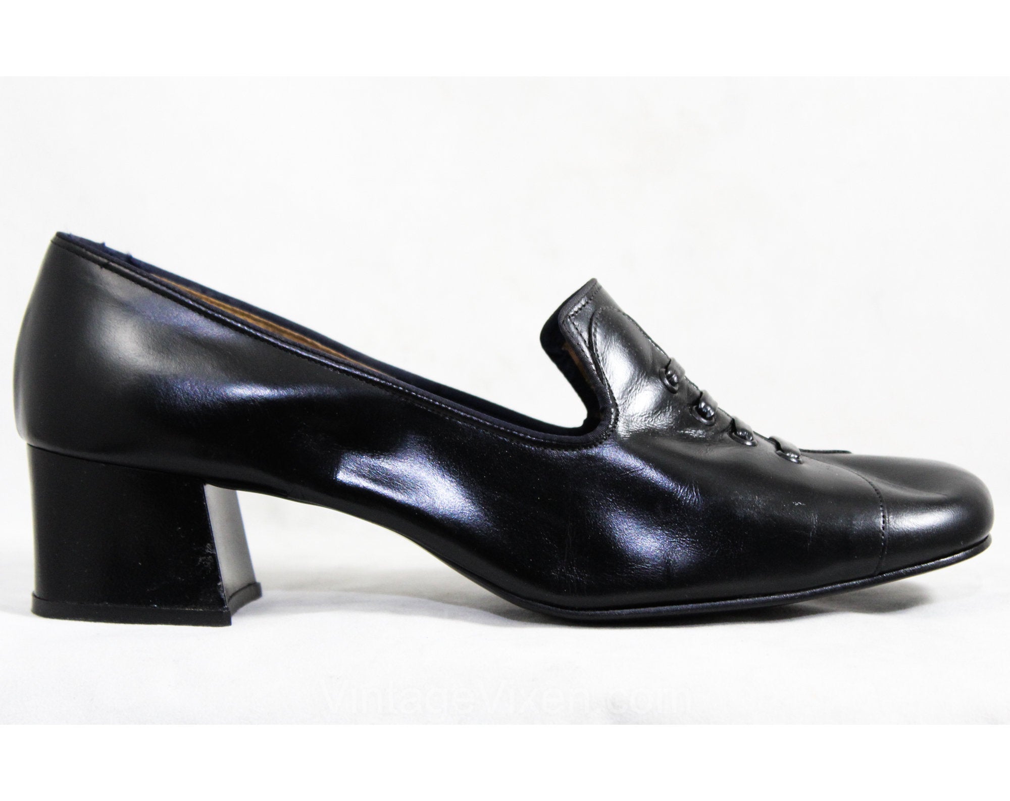 vintage dress heels Size 8.5 Shoes - Black Leather 1960s Pumps with Storybook Lace-Up