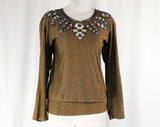 Medium Sparkly Brown Knit Top - Cutout Beaded Leaves - Size 10 Retro 80s Boho Sweater - Sheer Shoulders - Glitzy Shimmer - Bust 39 - 50853