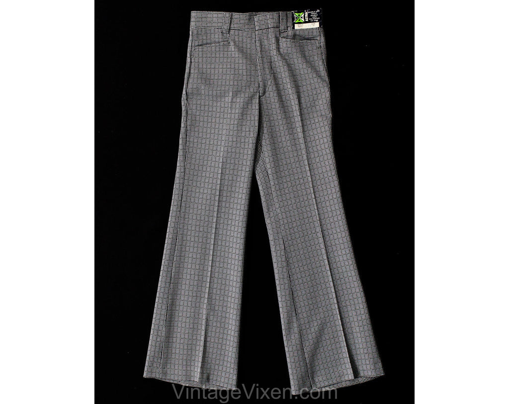 Teen Size 14 Gray Polyester 1960s Pants - Teenage Boys 60s Mod Trouser - Late 60s 70s Deadstock Houndstooth Double Knit - Waist 26 Inseam 29