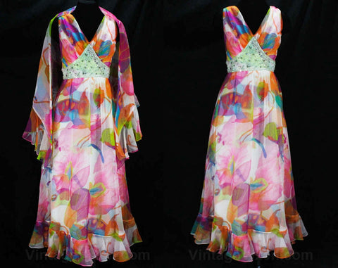Size 4 Tropical Diva Dress - 1960s 70s Summer Evening Gown - 70s Glam Sleeveless Pink Orange White Floral Chiffon with Posh Beaded Waist
