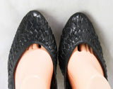 Size 6 Leather Shoes - Boho Black Huarache Style Design - 1990s Stilettos - Woven Trim & Stacked Wood Heels - Brazil - 90s Deadstock 6M