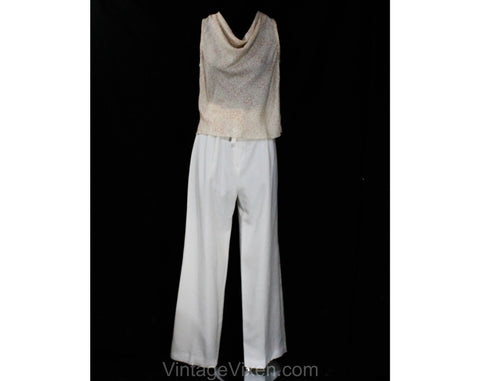 Size 6 Pant Suit - Small 1970s 80s Summer Chic Pantsuit - Breezy Cowl Tank Top & Tailored White Crepe Wide Leg Trouser Set - Waist 25.5