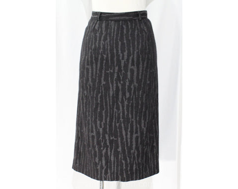Size 8 Designer Gray Skirt - Valentino Avant Garde Abstract Wool Tailored Skirt - Chic 90s Office Wear - Edgy Woodgrain Print - Waist 27