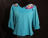 Size 10 Designer Dress Set - 1990s Marc D'Alcy - Turquoise Blue Jersey Knit Top & Wrap Skirt - Beaded Red Purple Paisley Appliques - Buckles
