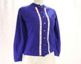 Size 14 Cashmere Cardigan - 1950s Cobalt Blue Button Front Sweater - Nautical Ribbon - Luxury Knit - Large 50s 60s Sailor Style - Bust 48