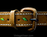Tan Leather Belt with Artisan Rainbow Stitching - Size 10 to 14 Beautifully Made Leatherwork - Brown Red Yellow Green Blue - Western Cowgirl