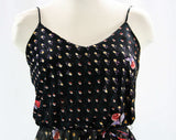 Size 6 Sun Dress - Small Black Floral 70s Casual Dress - Roses Print Knit - Blouson - Handkerchief Hem - Summer Lolita - Bust 34 - 42189
