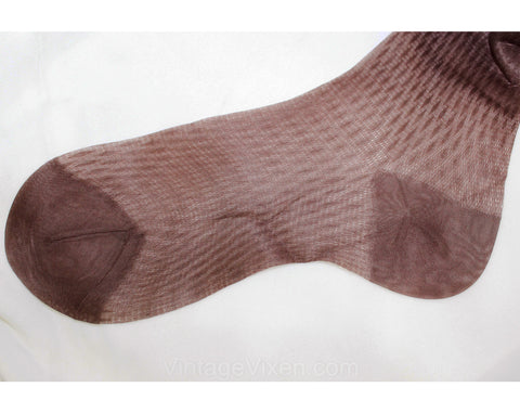 2 Pairs 1950s Stockings - Dark Brown Seamless 50s Petite Short Thigh High Hosiery - Diamond Texture Nylon - French Coffee - NIB Original Box