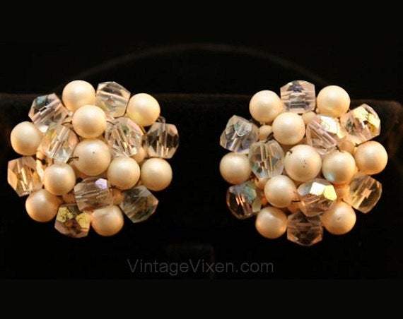 1950s Pearl & Glass Button Earrings - Winter White Faux Pearls Clear Glass Beads - 50s Beaded Button Clip Earring - 1950's Japan - 33990