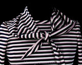 XS Small Striped Top - Retro 70s Long Sleeved Knit Shirt & Kerchief - Euro Gondolier Style Stripes - Navy Blue Rose Pink Ivory - Bust 32.5
