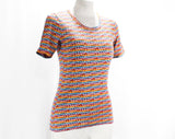 Girl's Large T-Shirt - 1970s Short Sleeve Top - Seashells Novelty Print Summer Tee - Pink Blue Orange Beachy Shirt - Childs 14 - Ladies 0
