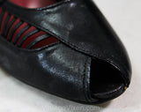 As Is Size 7 Shoes - Sexy 1980s Black Asymmetric Peep Toe Heels - Cutout Leather Stripes - 3 Inch Date Night Heels - Unworn 80s Deadstock