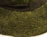 Girl's 1910s 1920s Wide Brim Hat - Olive Green Dappled Velveteen - Soft Top Stitched Brim - Brown Ribbon - Unworn Antique NOS Deadstock