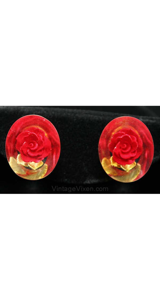 50s Red Rose Lucite Earrings - Romantic 1950s Trapped Flowers - Screwbacks - Clear Plastic 50's Lucite Jewelry - Kitsch Pretty & Feminine