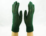 1930s Crochet Gloves - Pair of Green Gloves - 30s 40s Hand Crocheted - Pine Green Hue - Stretchy & Soft Silky Rayon - Ribbed Wrists - 47972